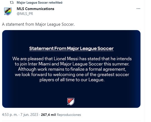 El comunicado de la Major League Soccer de Estados Unidos tras el anuncio de Lionel Messi sobre su acuerdo con Inter de Miami