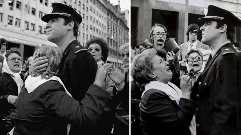 A la izquierda, la foto que se publicó del abrazo; a la derecha la foto que no se publicó del reclamo y la mirada desinteresada del militar
