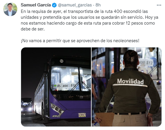 Samuel García anunció que mandará requisar a todas las líneas de transporte público que no respeten las tarifas autorizadas (Foto: Twitter/@samuel_garcias)