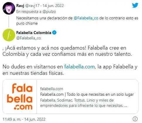La cadena chilena de tiendas derrumbó los rumores de su posible salida de Colombia dependiendo de los resultados electorales de la segunda vuelta presidencial. Pantallazo Twitter.