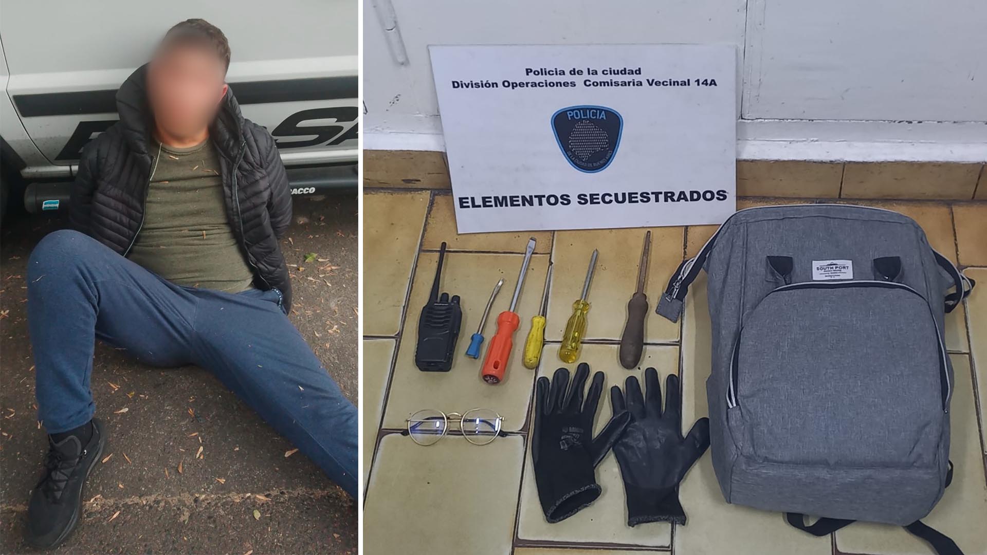 Uno de los detenidos y las herramientas que usaban para robar el edificio