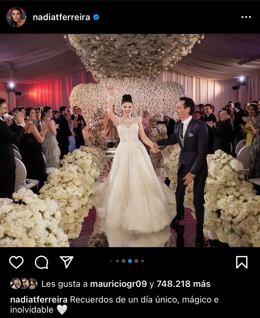 La primera finalista de Miss Universo, Nadia Ferreira, compartió en sus redes sociales algunos momentos de su matrimonio con Marc Anthony. @nadiatferreira/Instagram