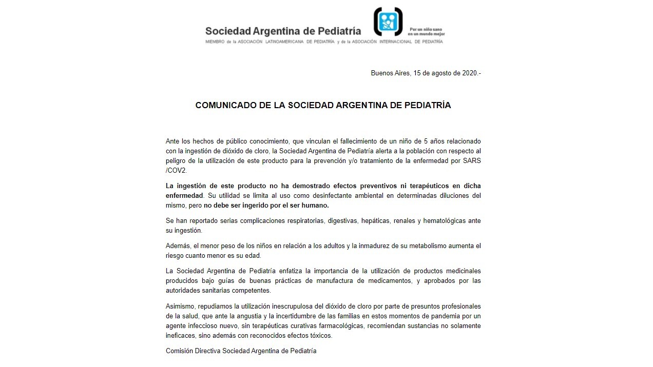 La advertencia de la SAP (Sociedad Argentina de Pediatría) sobre el uso del dióxido de cloro