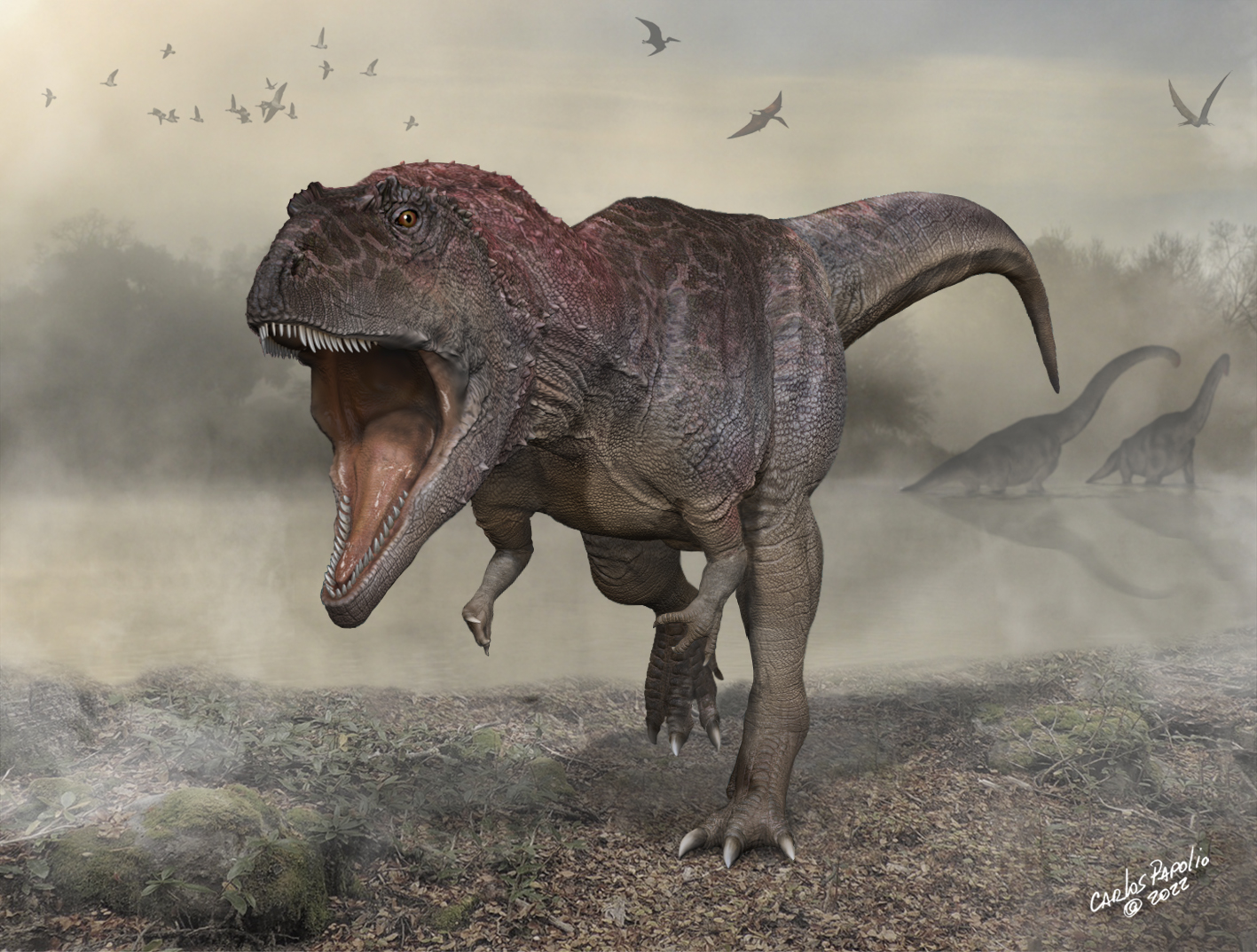 El dinosaurio Meraxes gigas vivió hace más de 93 millones de años en Patagonia Norte en la Argentina (Ilustración de Carlos Papolio)
