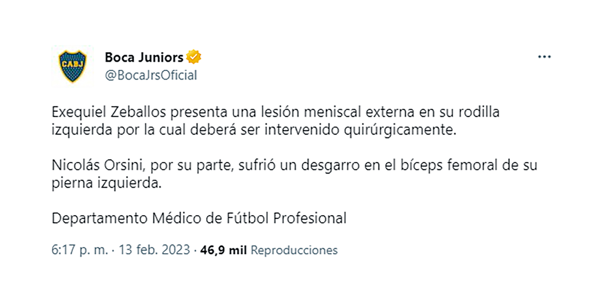 El comunicado oficial de Boca Juniors que confirma las lesiones de Nicolás Orsini y Exequiel Zeballos