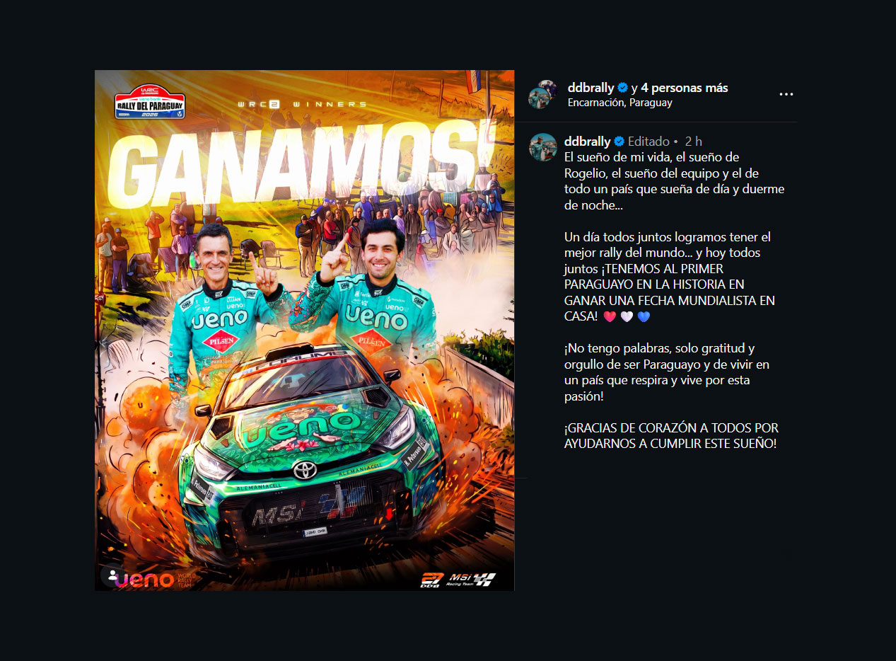 Diego Dom&iacute;nguez Bejarano, sobrino del titular de la Conmebol, se convirti&oacute; en el primer paraguayo en ganar de local en el Mundial de rally