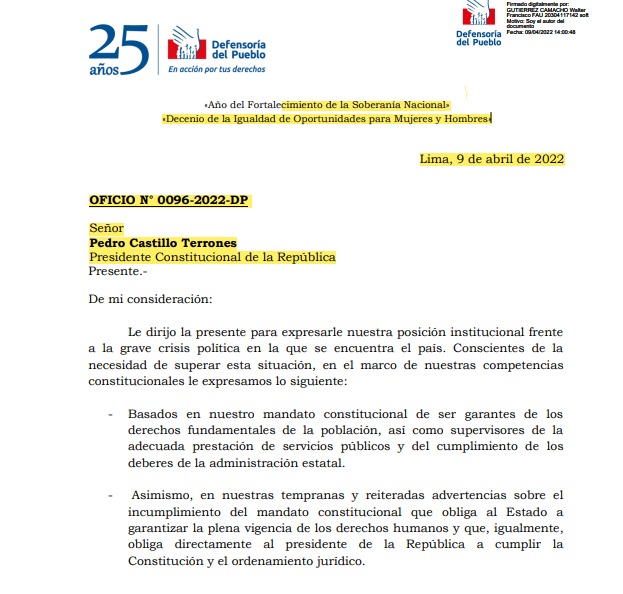 Defensor Del Pueblo Pide Formalmente La Renuncia De Pedro Castillo A La Presidencia Del Perú 7462