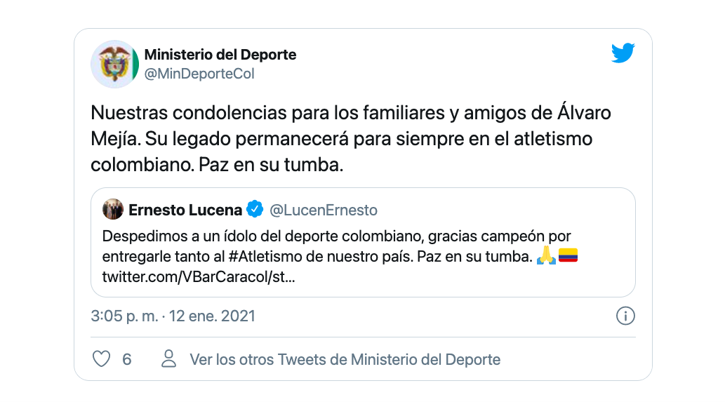 Condolencias para el ídolo del atletismo colombiano, Álvaro Mejía Flórez / (Twitter: @MinDeporteCol).
