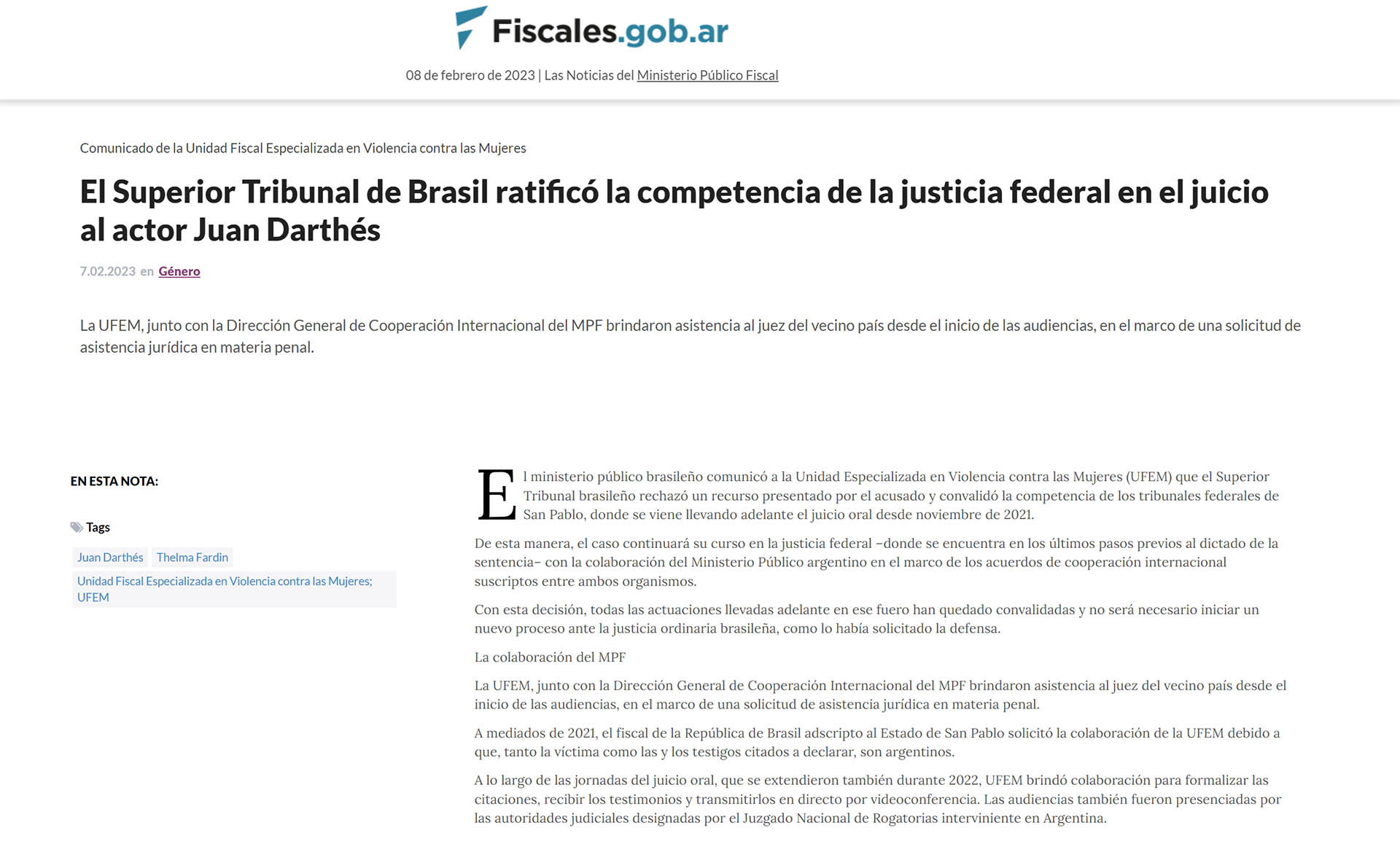 El portal "Fiscales" comunicó la noticia del Superior Tribunal de Justicia de Brasil de avanzar en la causa por estupro agravado en el fuero federal
