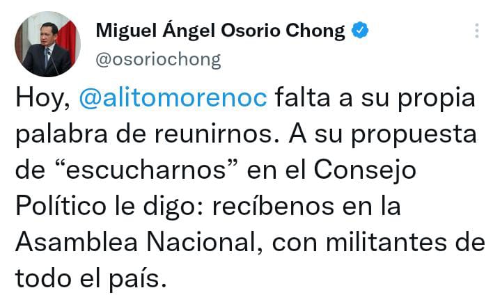 Miguel Ángel Osorio Chong pidió un diálogo público con Alito Moreno (Foto: Twitter/@osoriochong)