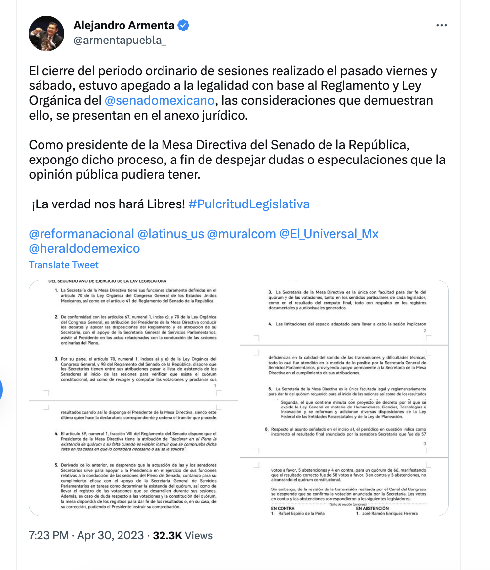 Alejandro Armenta clarified the lack of a quorum.  (Twitter)