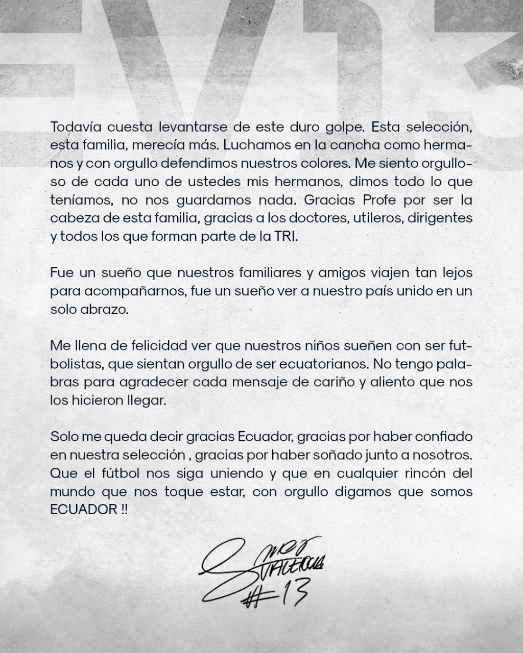 Esta es la carta de Enner Valencia publicada en sus redes sociales