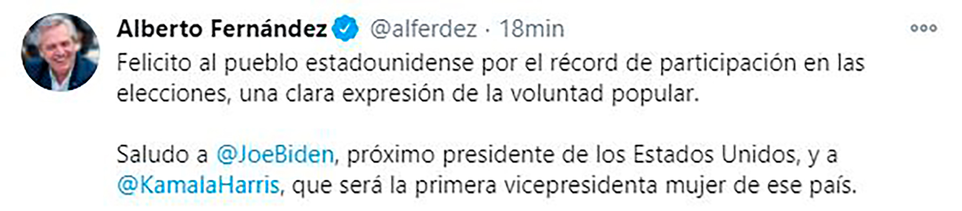 Tuit de Alberto Fernández felicitando a Joseph Biden como presidente electo de los Estados Unidos