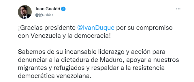 El mensaje compartido por el presidente encargado de Venezuela, Juan Guaidó, a través de sus redes sociales
