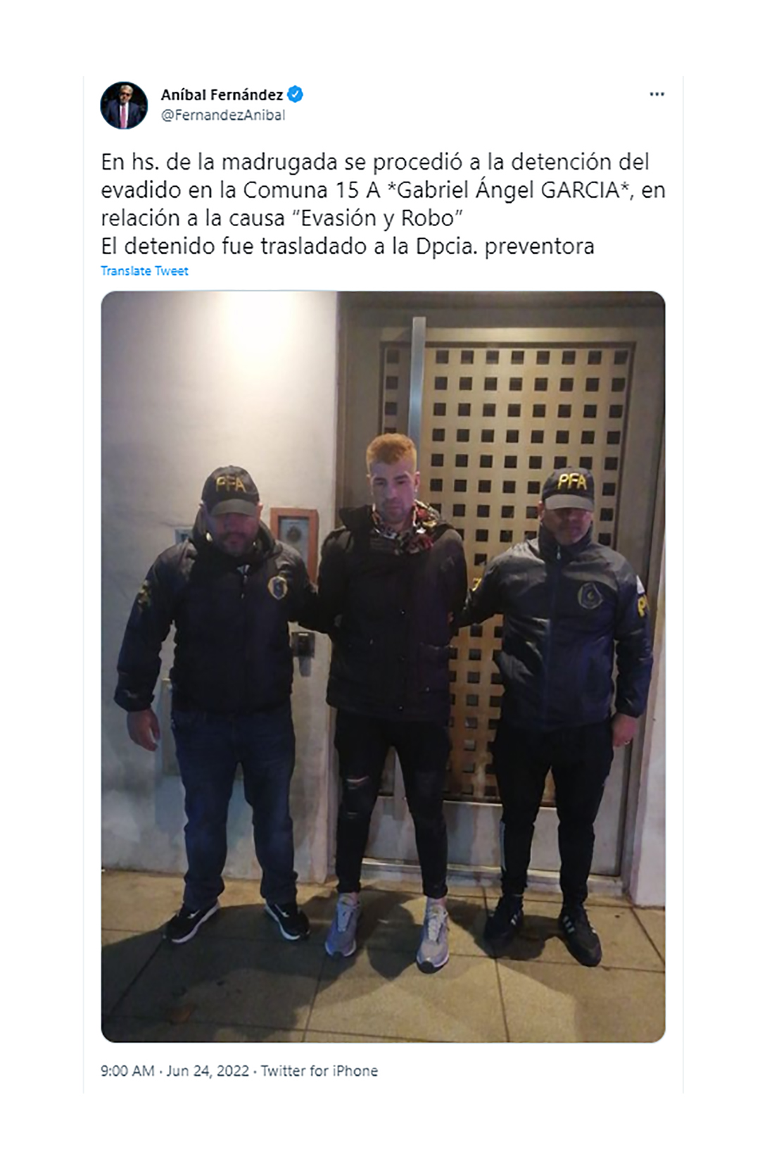 Desde su cuenta de Twitter, el ministro de Seguridad de la Nación, Aníbal Fernández anunció la detención del prófugo