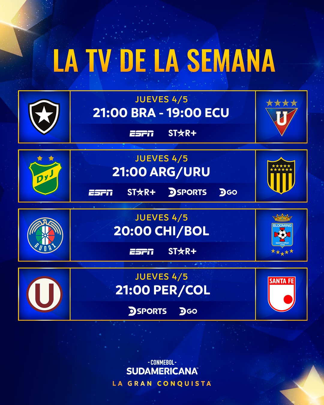 Channel and time of the Universitario vs Independiente Santa Fe for the Copa Sudamericana.  (Photo: Conmebol)