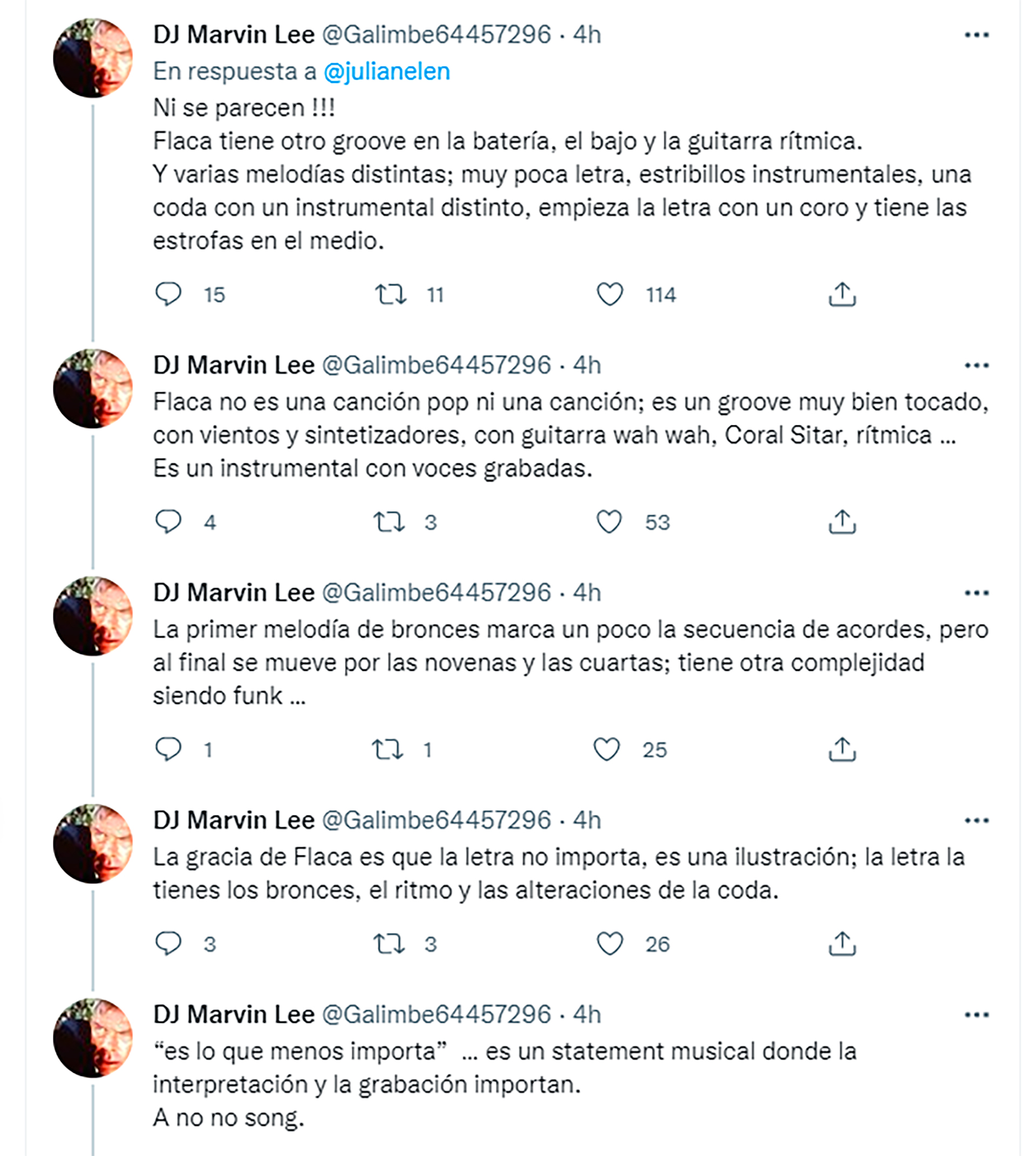 Algunos de los tweets de Andrés Calamaro, desde su cuenta no verificada, en donde opinó sobre la supuesta similitud entre su canción "Flaca" y el tema nuevo de La China Suárez (Foto: Twitter)