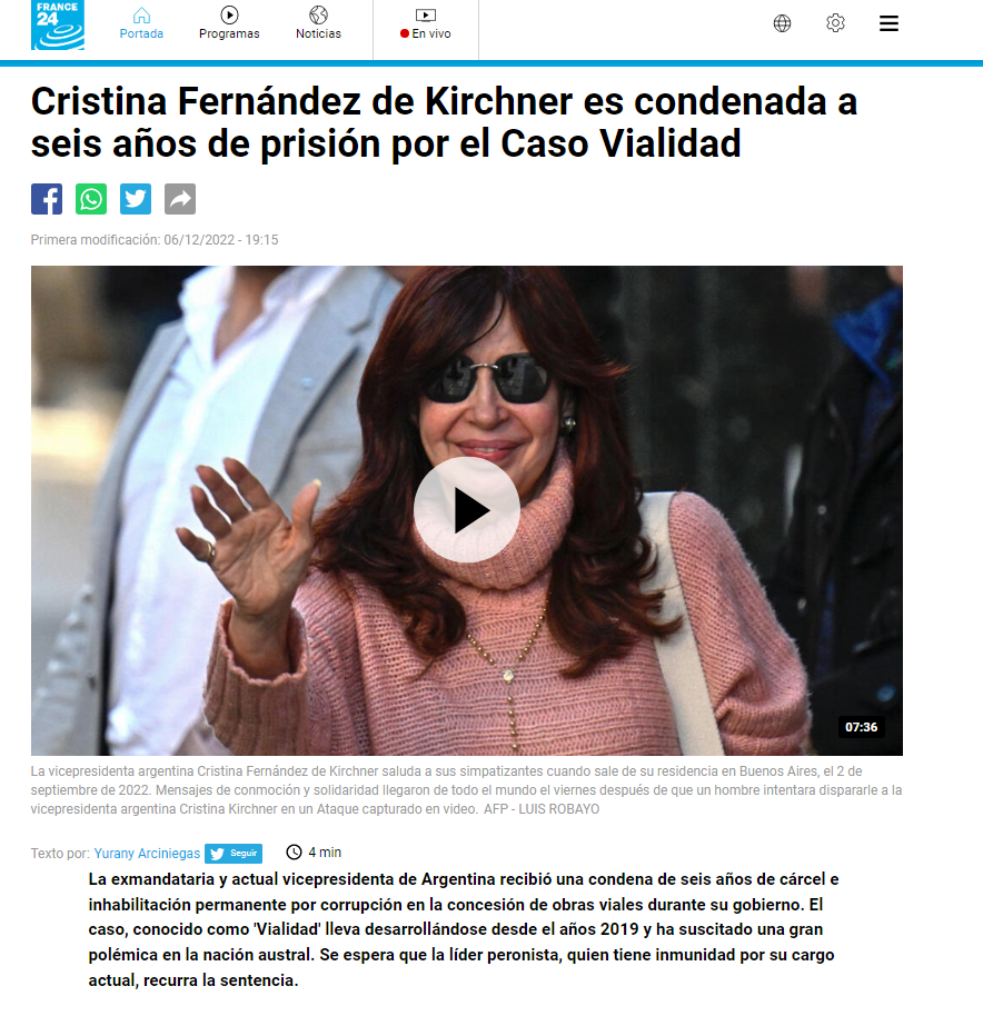 France 24 reaccionó ante la condena de Cristina Fernández de Kirchner