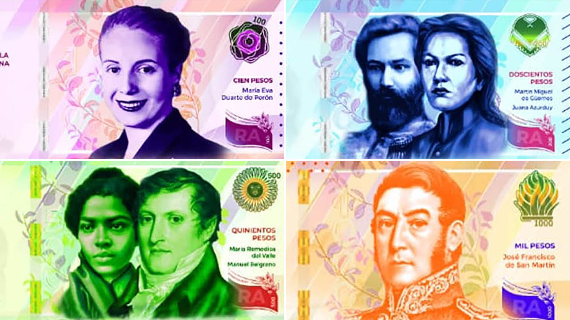 Los frentes de los cuatro nuevos billetes