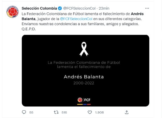 El jugador de 22 años perdió la vida luego de desvanecerse durante el entrenamiento con el Atlético Tucumán. Tomado de @FCFSeleccionCol