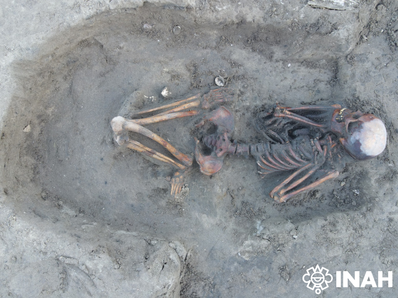 Esqueleto en un 95% completo. Corresponden a una mujer, cuya edad, al momento de morir, oscilaba entre los 21 y 25 años. 
(Foto: INAH)