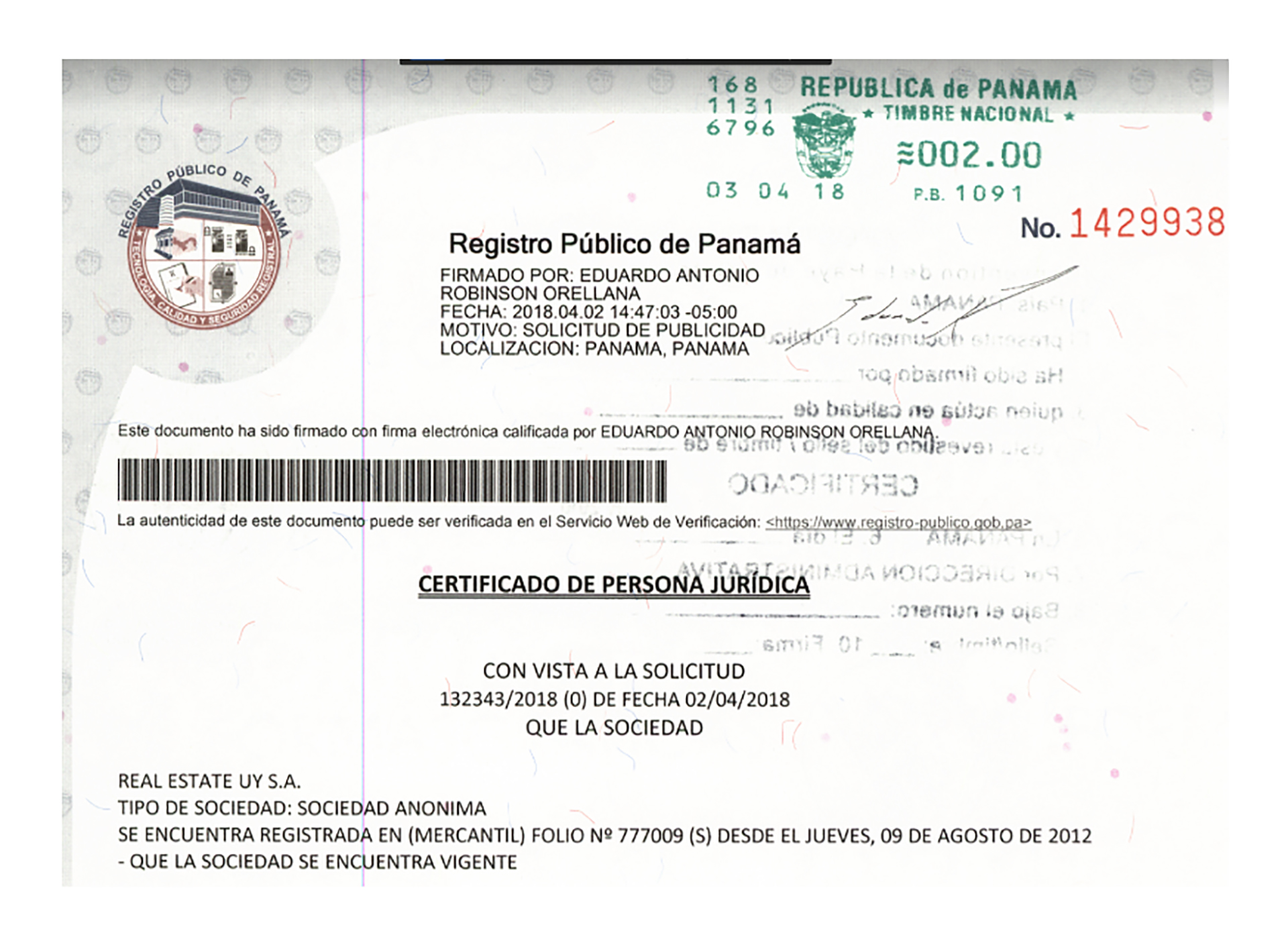 Certificado de constitución de Real Estate Uy SA, creada en Panamá el 9 de agosto de 2012, a través del estudio Alcogal 