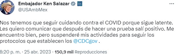 Ken Salazar confirmó su estado de salud en Twitter (Captura)