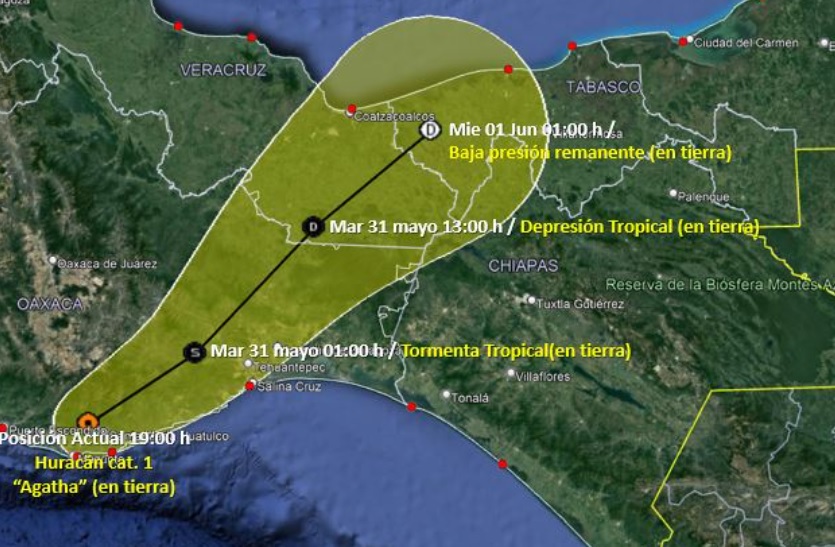 Huracán Agatha se degradó a categoría 1, pero aún se esperan vientos de hasta 140 km/h y olas de 8 metros en Oaxaca