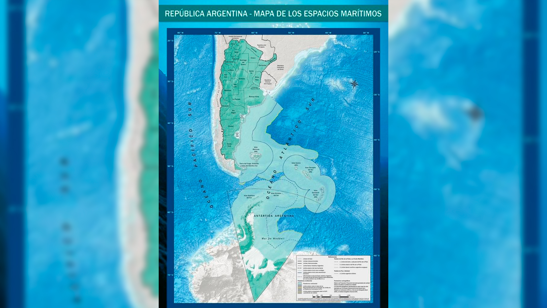 El "nuevo" mapa argentino oficializado por el Congreso en agosto del año pasado. Chile reclama una parte de la plataforma continental en el estrecho de Magallanes