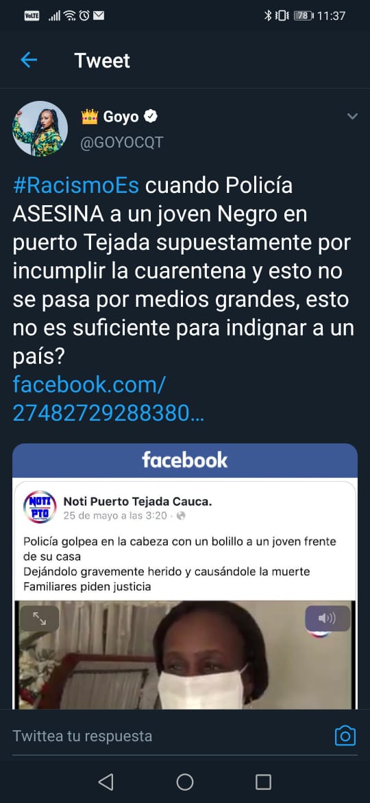 Por este trino de la cantante colombiana Goyo se hizo viral el caso de Anderson Arboleda, quien murió después de una golpiza propinada por policías en Puerto Tejada, Cauca,