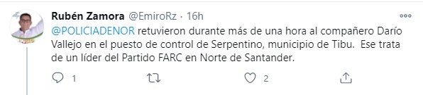 Denuncias sobre detenciones arbitrarias a miembros del partido de las Farc en el Norte de Santander. Foto: Twitter Rubén Zamora.
