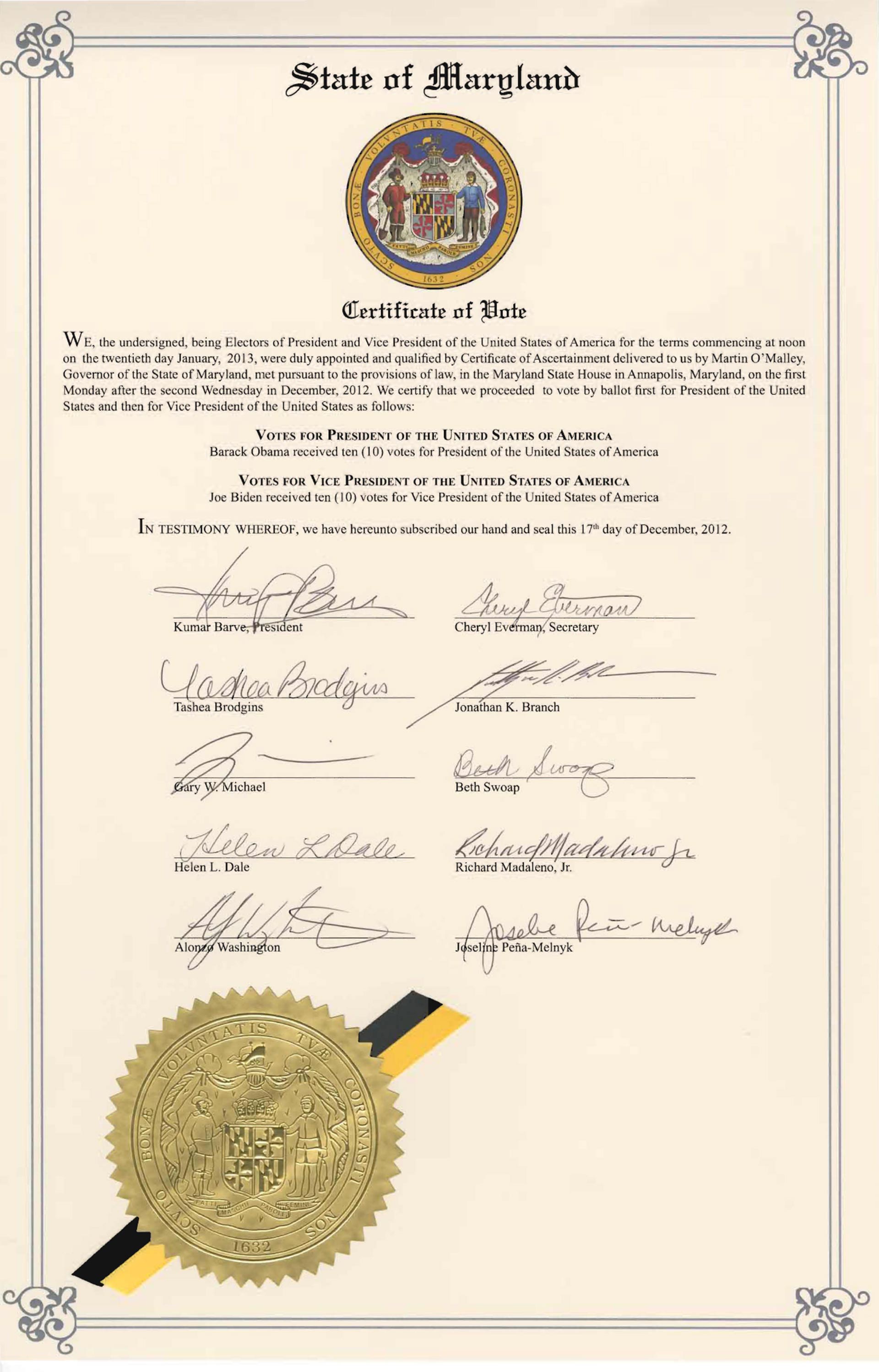 Una copia del acta firmada por los miembros del Colegio Electoral de Maryland en las elecciones de 2012