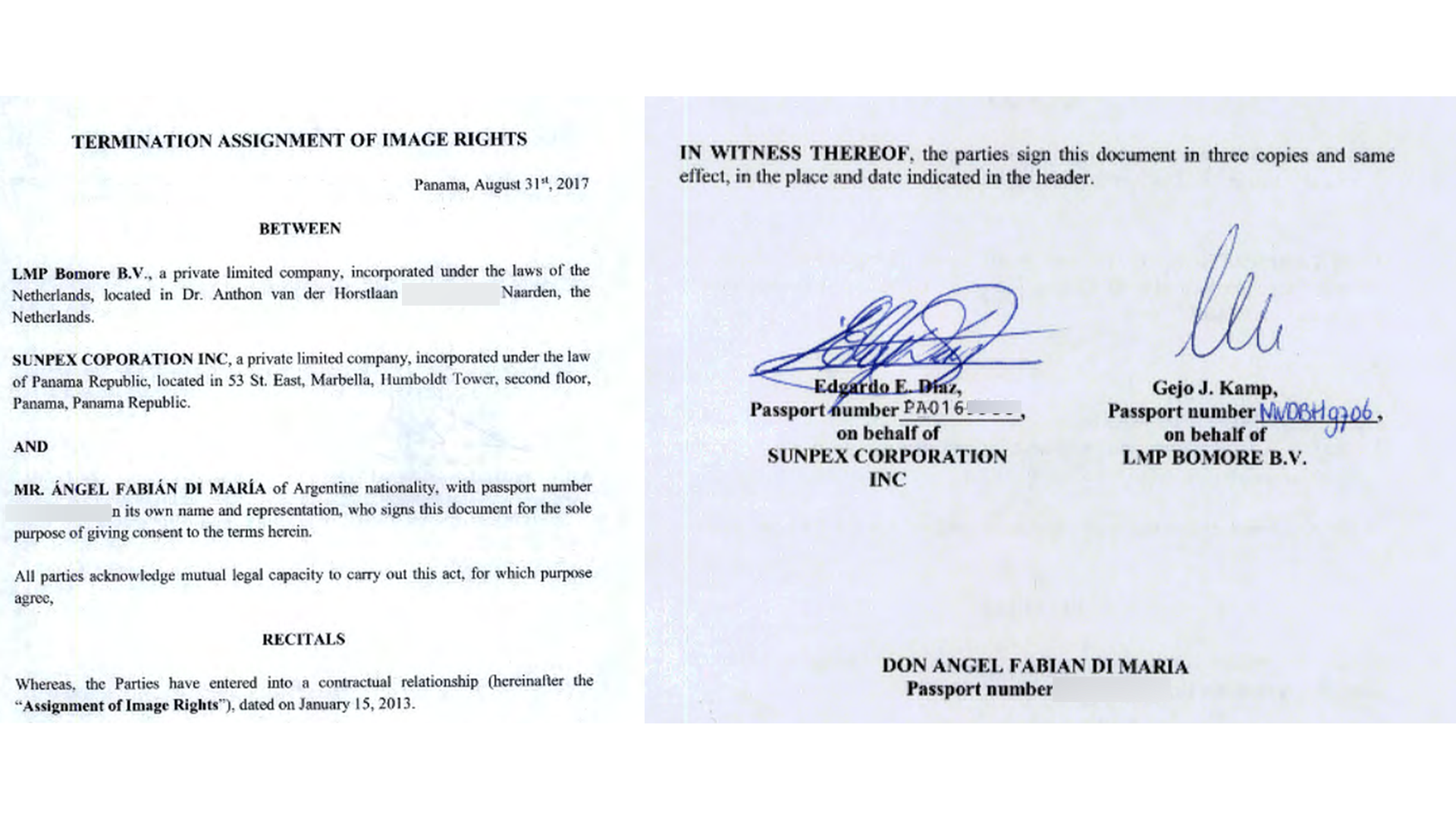 Extracto del contrato con Adidas firmado por Di María por los derechos de imagen