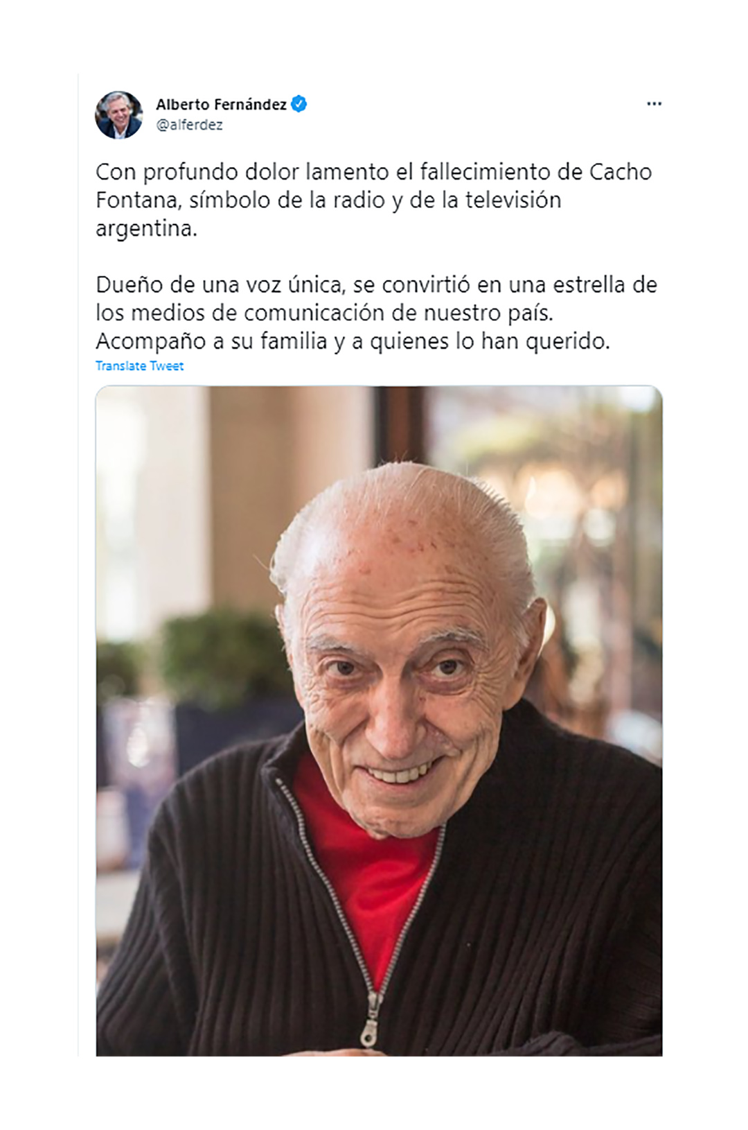 El mensaje de Alberto Fernández para Cacho Fontana (Twitter)