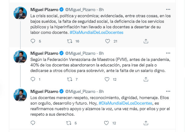La cadena de mensajes publicada en Twitter por el Diputado Miguel Pizarro