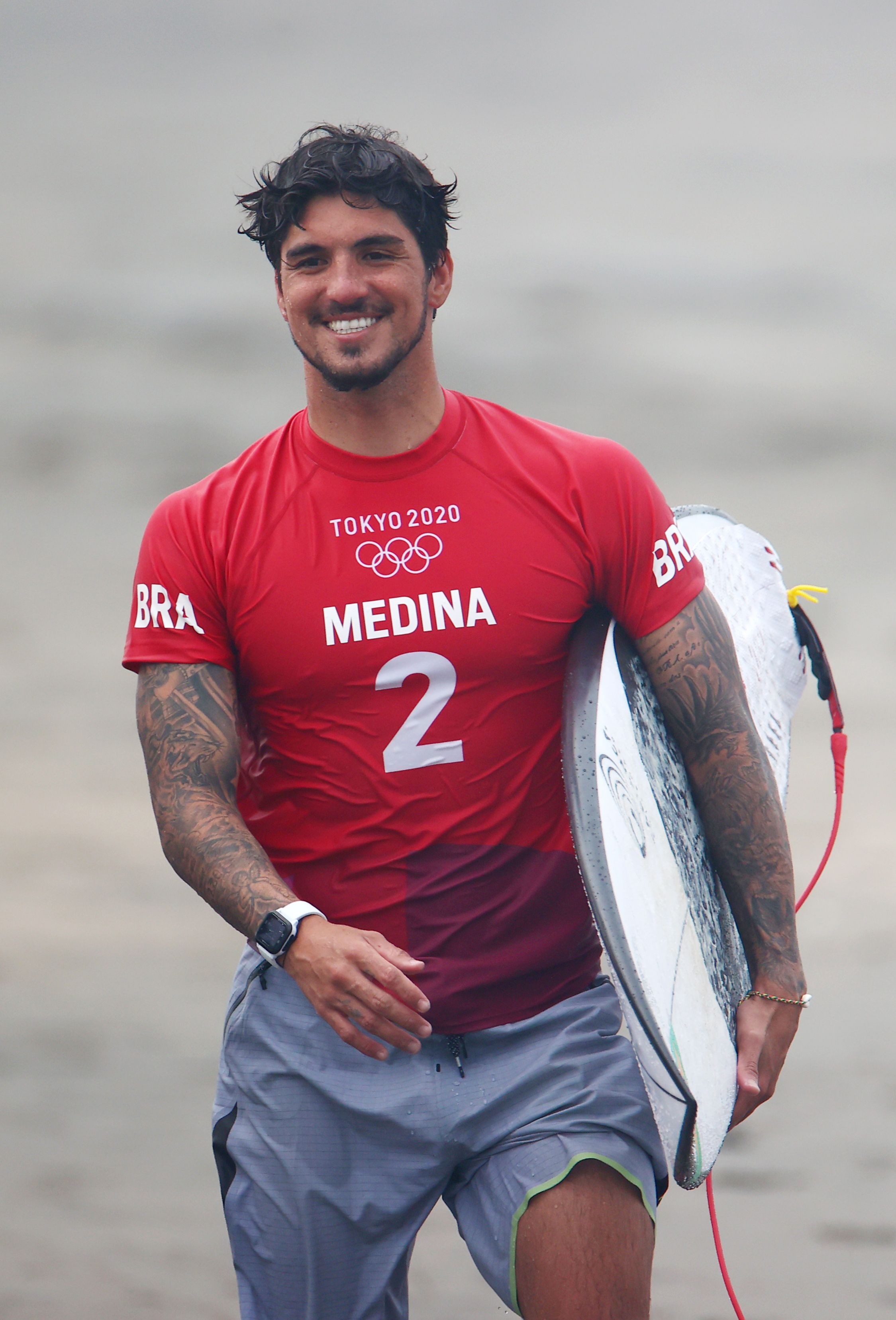 Tokyo 2020 Olympics - Surfing - Men's Shortboard - Round 3 - Tsurigasaki Surfing Beach, Tokyo, Japan - July 26, 2021. Gabriel Medina of Brazil reacts during Heat 4 REUTERS/Lisi Niesner
