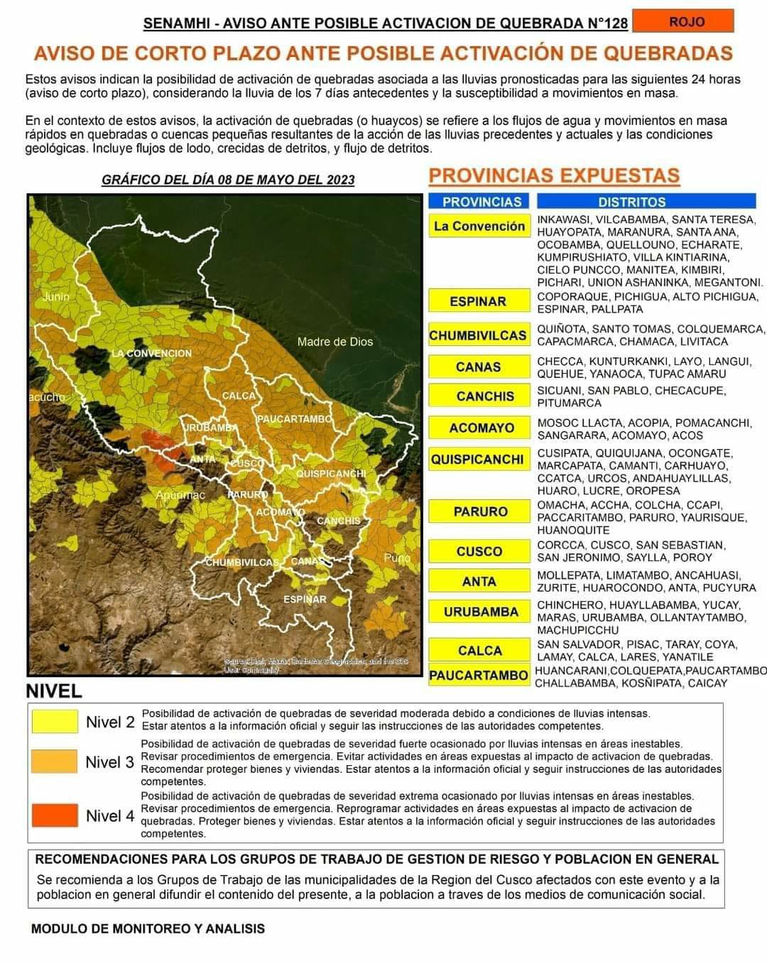 Alerta por posible activación de quebradas