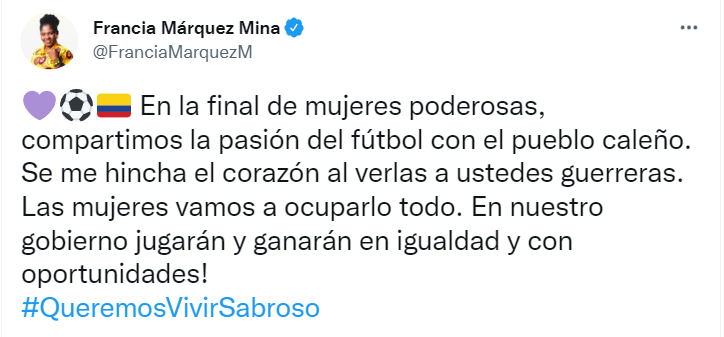 Francia Márquez muestra su apoyo al fútbol femenino.
Captura de pantalla.