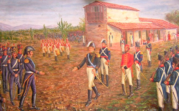 Ilustración del encuentro en la Posta de Yatasto: a la izquierda San Martin, a la derecha Belgrano detrás con casaca roja, Güemes