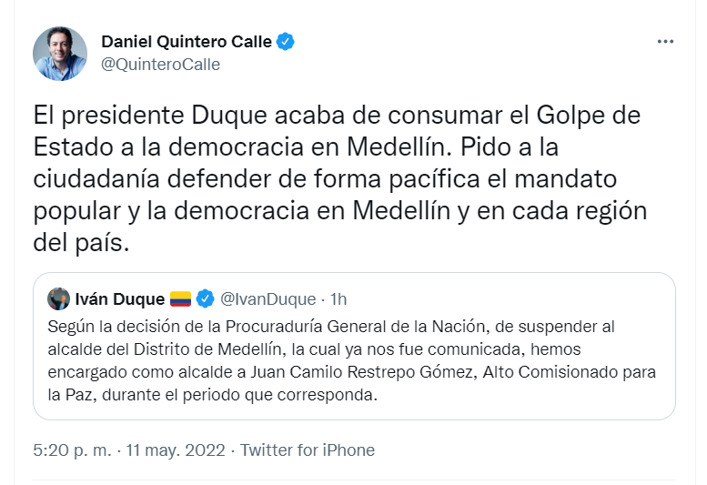 Daniel Quintero reacciona a la designación del nuevo alcalde encargado.
Captura de pantalla