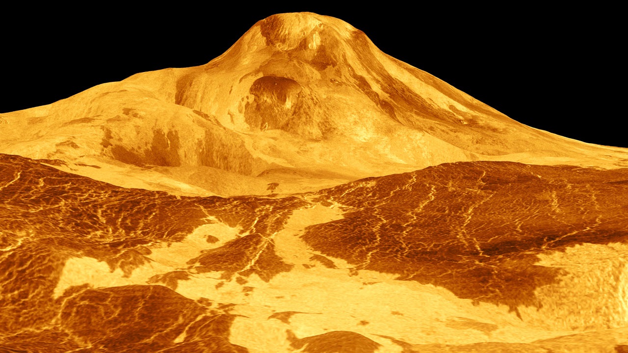 Maat Mons, un gran volcán en Venus, se muestra en esta imagen de radar de color simulado de 1991 de la misión de la nave espacial Magellan de la NASA. (NASA/JPL/Europa Press). 