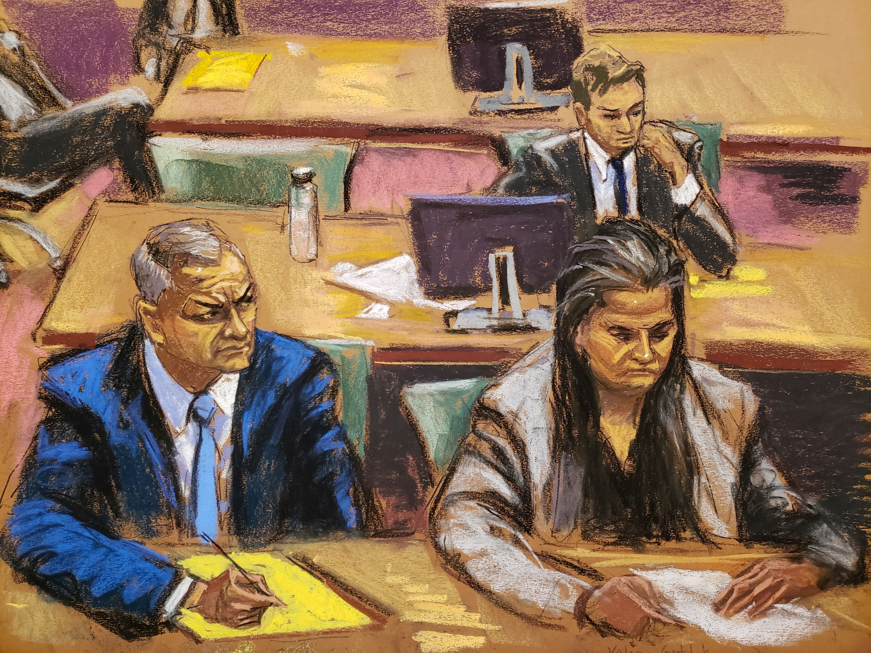 Former Mexican security secretary Genaro Garcia Luna sits with his defense attorney Valerie Gottlieb in Brooklyn federal court on drug trafficking charges during jury selection in New York, US, January 17, 2023 in this courtroom sketch.  REUTERS/Jane Rosenberg