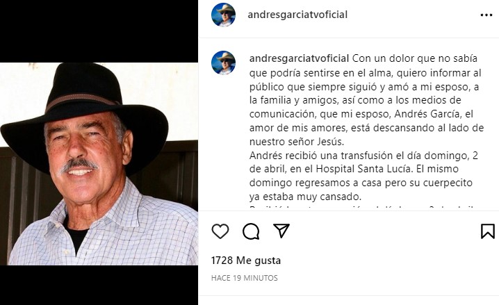 Margarita Portillo firmó el comunicado sobre la muerte del actor como "viuda de García" (Instagram/@andresgarciatvoficial)