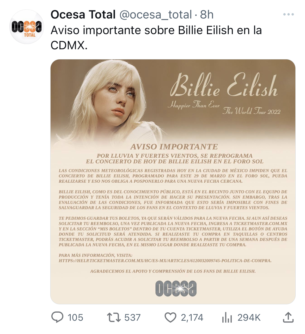 OCESA, organizadora del concierto de Billie Eilish en CDMX, afirmó que los boletos de su concierto del 29 de marzo serán válidos para nueva fecha (Twitter @ocesa_total)