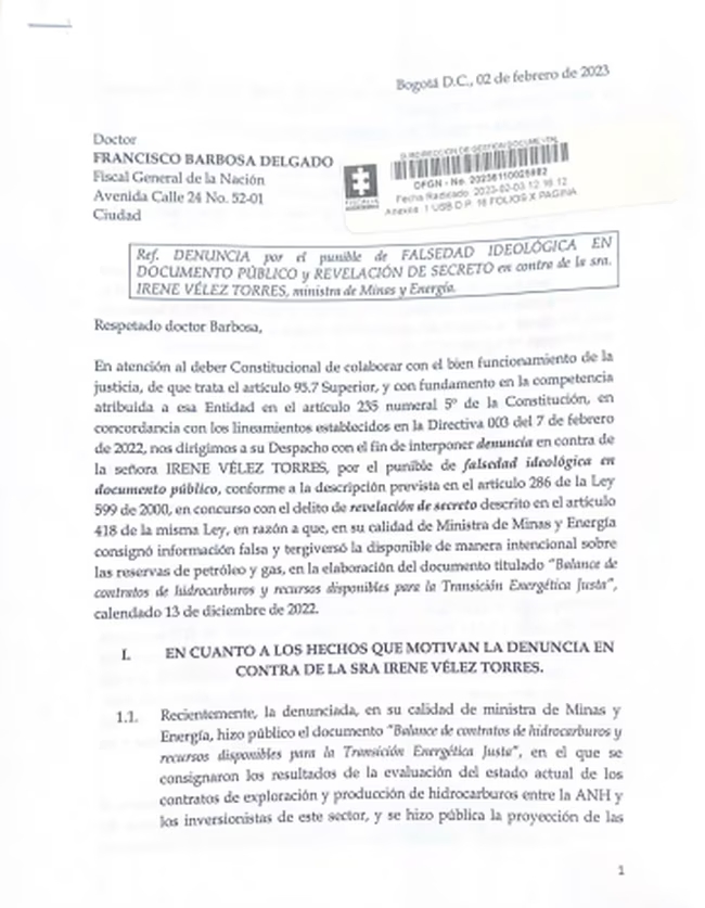 Denuncia contra Irene Vélez instaurada ante la Fiscalía