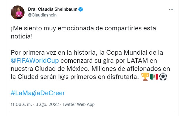 Prezydent stolicy ogłosił, że CDMX będzie pierwszym miastem w Ameryce Łacińskiej, które będzie gospodarzem Mistrzostw Świata FIFA (Zdjęcie: Twitter @ Claudiashein)