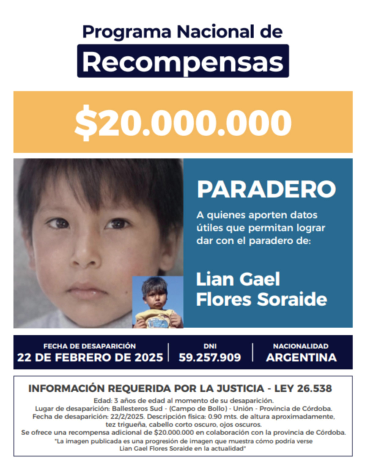 Actualizaron la foto del afiche de b&uacute;squeda de Lian Flores, el ni&ntilde;o que desapareci&oacute; hace m&aacute;s de un a&ntilde;o en C&oacute;rdoba