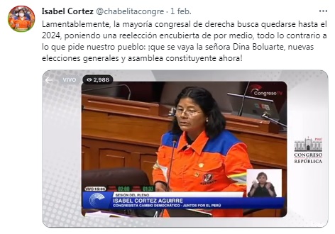 Más tuits de la congresista Cortez en contra de la presidenta Boluarte.