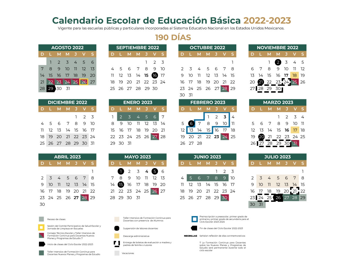 El calendario contempla 190 días de actividad para Educación Básica y 195 para formación de Docentes. [Secretaría de Educación Pública]