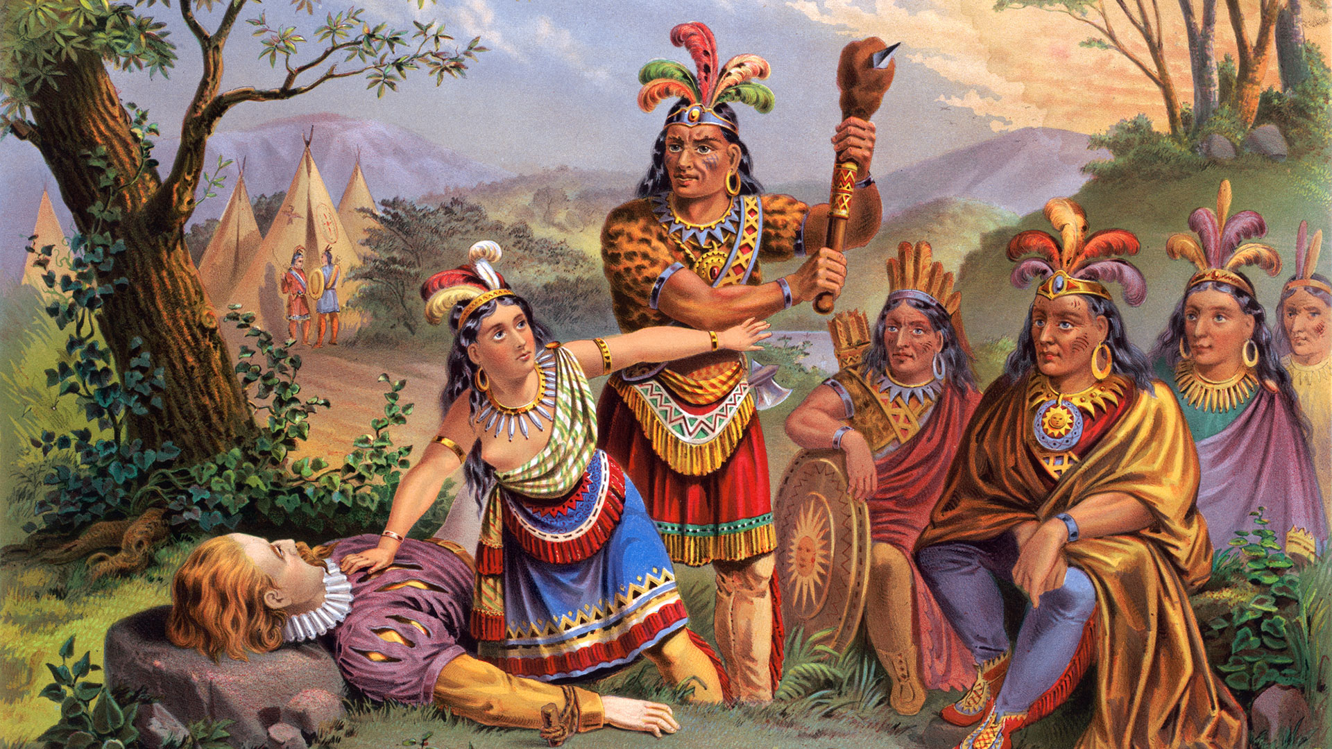 La ilustración antigua muestra a Pocahontas, hija del jefe Powhatan, salvando al capitán John Smith de la muerte arrojándose entre él y sus atacantes indios (Getty)